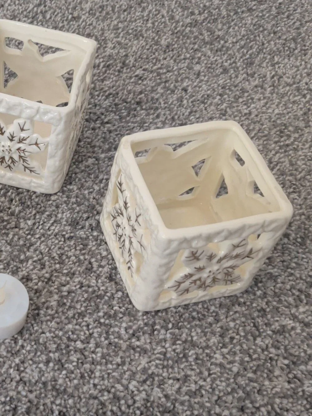 Set of 4 Cream Ceramic Pierced Poinsettia Tea Light Lanterns + 4 LED Candles